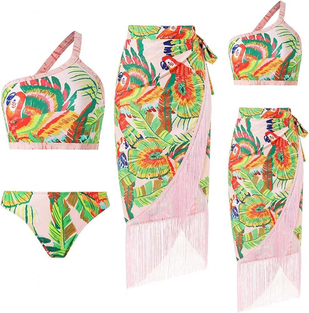 Two Piece Swimsuit Women Bikini Parrot Print Sexy One Shoulder Split Swimsuit Set with Pink Tassel Wrap Skirt Beach Dress | Amazon (US)