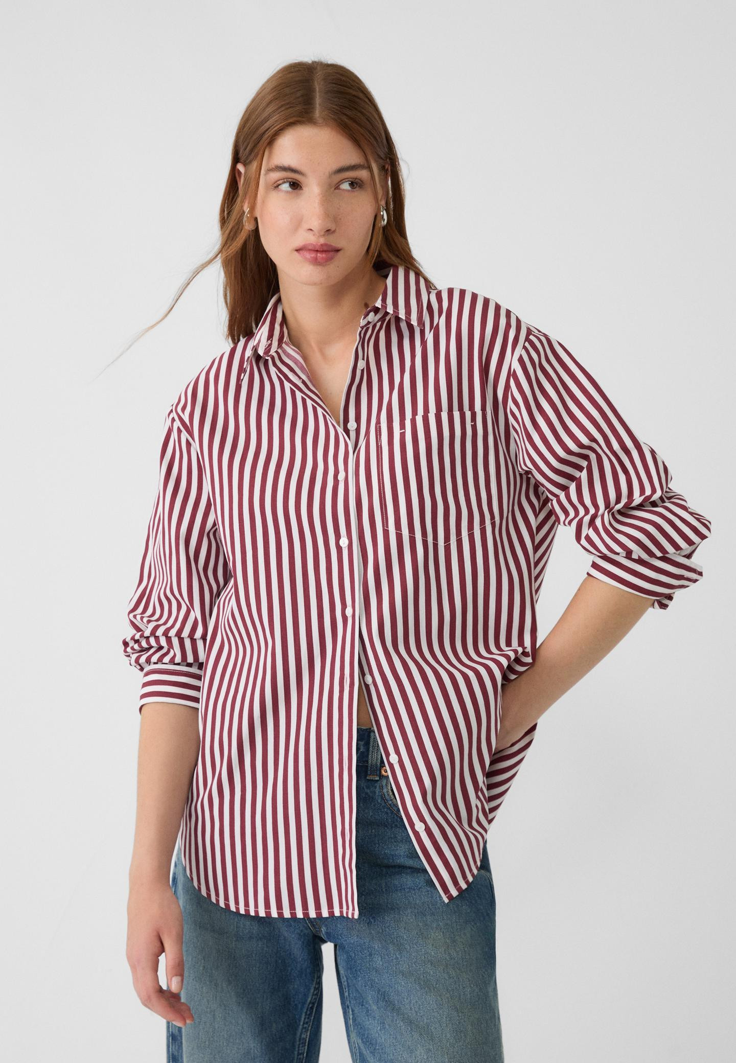 Oversize striped poplin shirt with pocket | Stradivarius (UK)