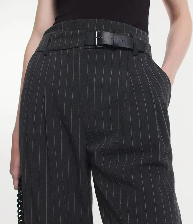 Calça Wide Leg Alfaiatada com Cintinho e Estampa Risca de Giz Cinza - Lojas Renner | Renner (BR)