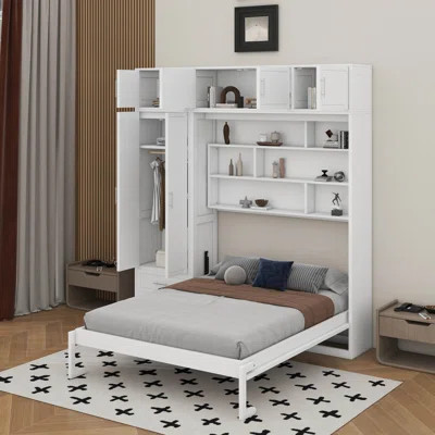 Queen Size Wall Murphy Bed With Top Cabinet,Shelves And Wardrobe | Wayfair North America