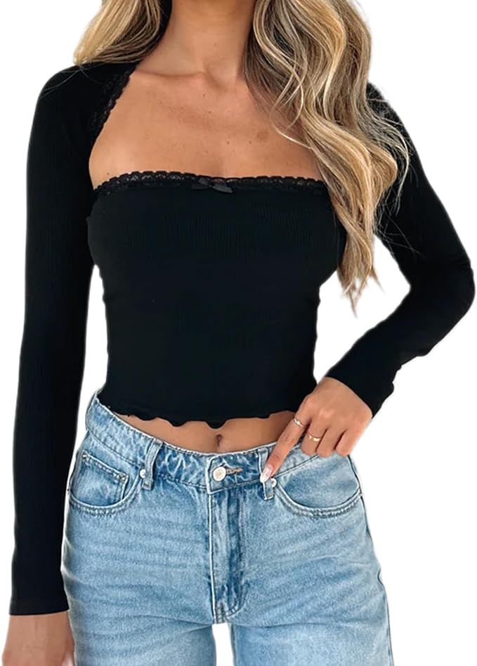 Women Y2k Lace Long Sleeve Top Stretchy Slim Fit See Through Crop Shirt Sexy Sheer Mesh T Shirt B... | Amazon (US)