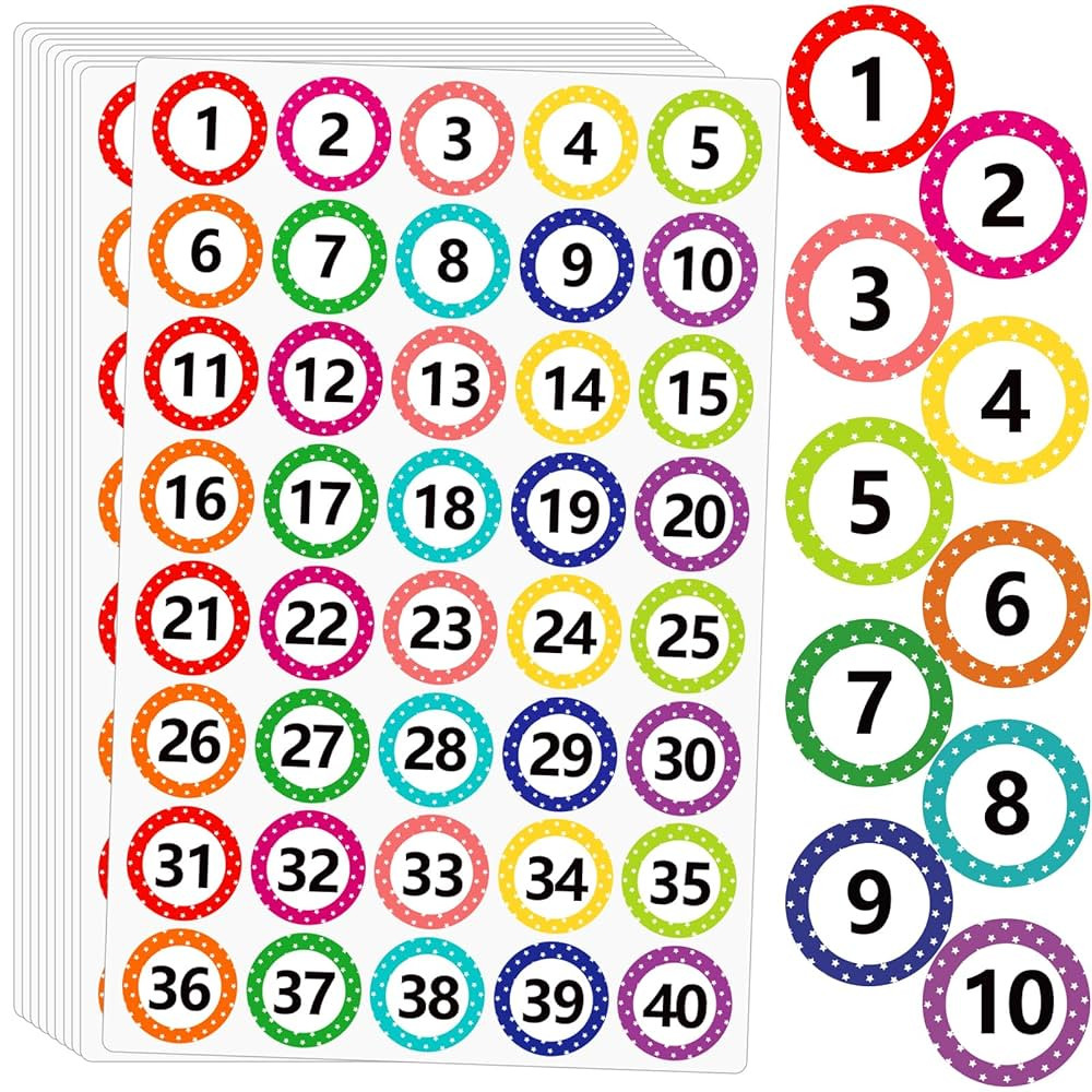 1 Inch Number Stickers for Classroom 1-40, 12 Sheets Dot Consecutive Number Labels, Colored Numbe... | Amazon (US)