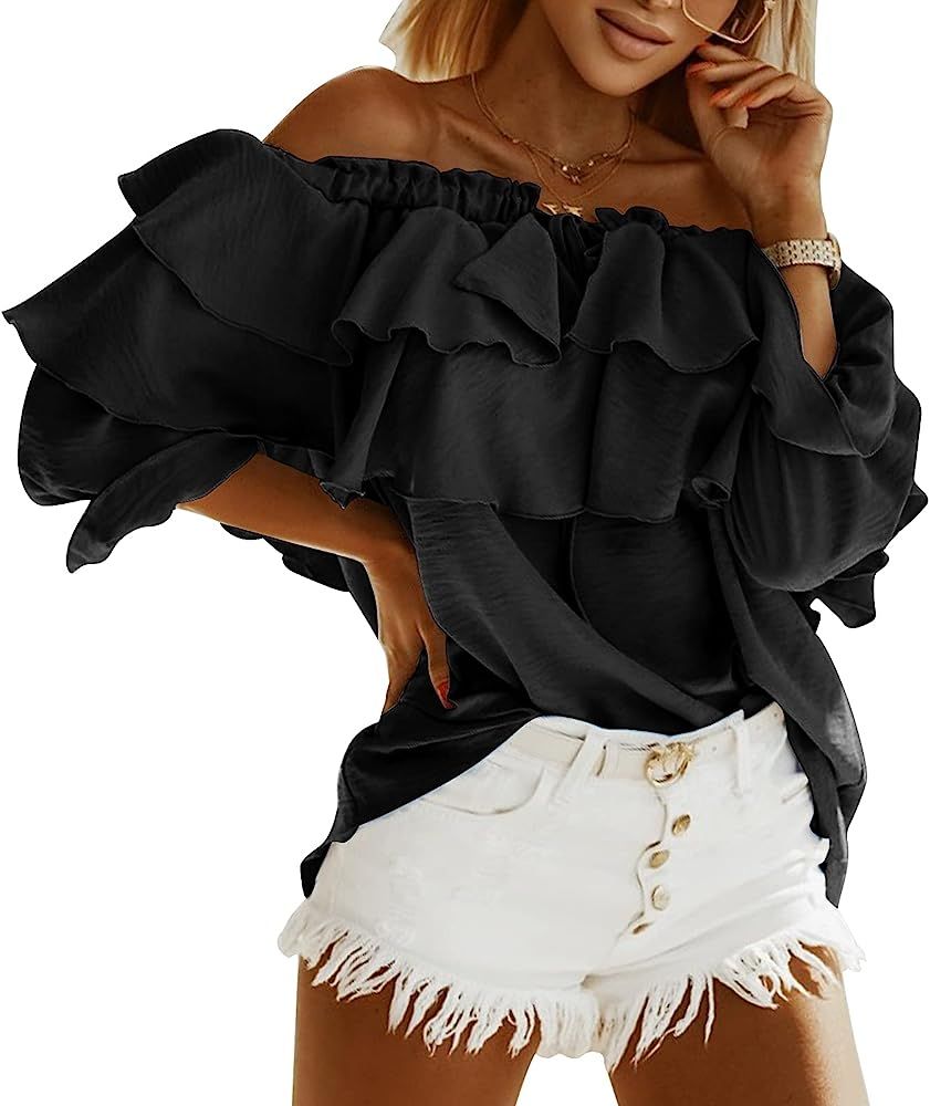 Byinns Women's Off Shoulder Ruffle Long Sleeve Blouses Casual Layered Tops | Amazon (US)