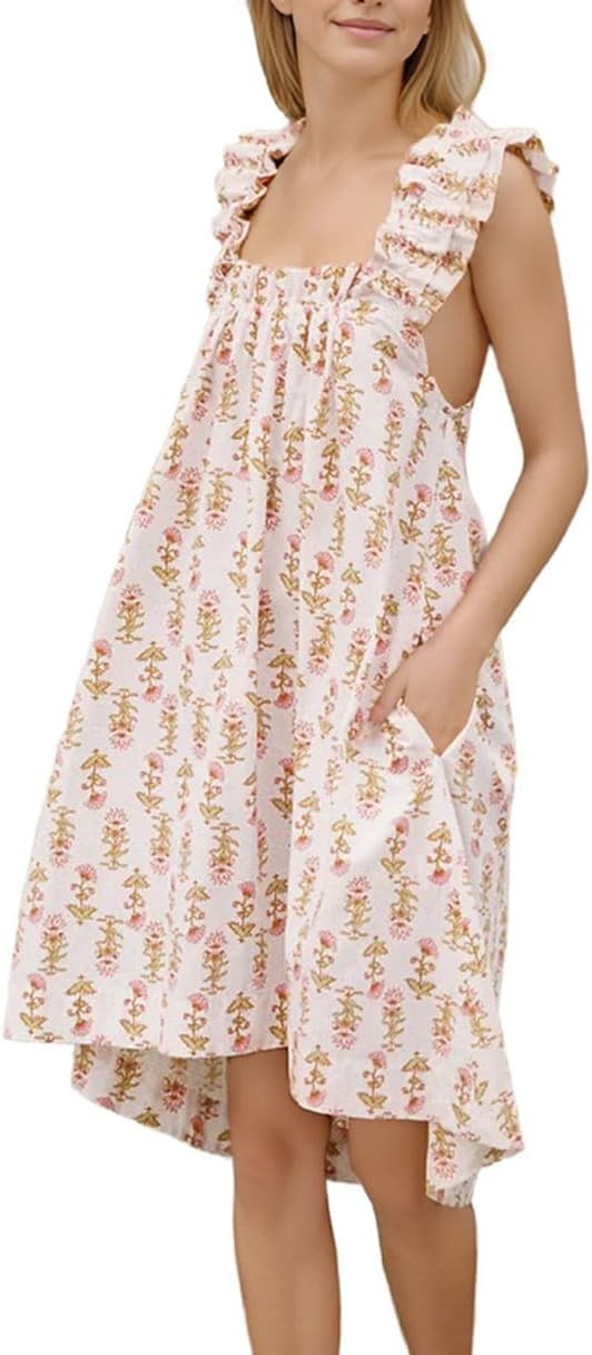 Womens Ruffle Sleeveless Nightgowns Soft Cute Printed Sleep Dress Comfy Lightweight Sleepwear | Amazon (US)