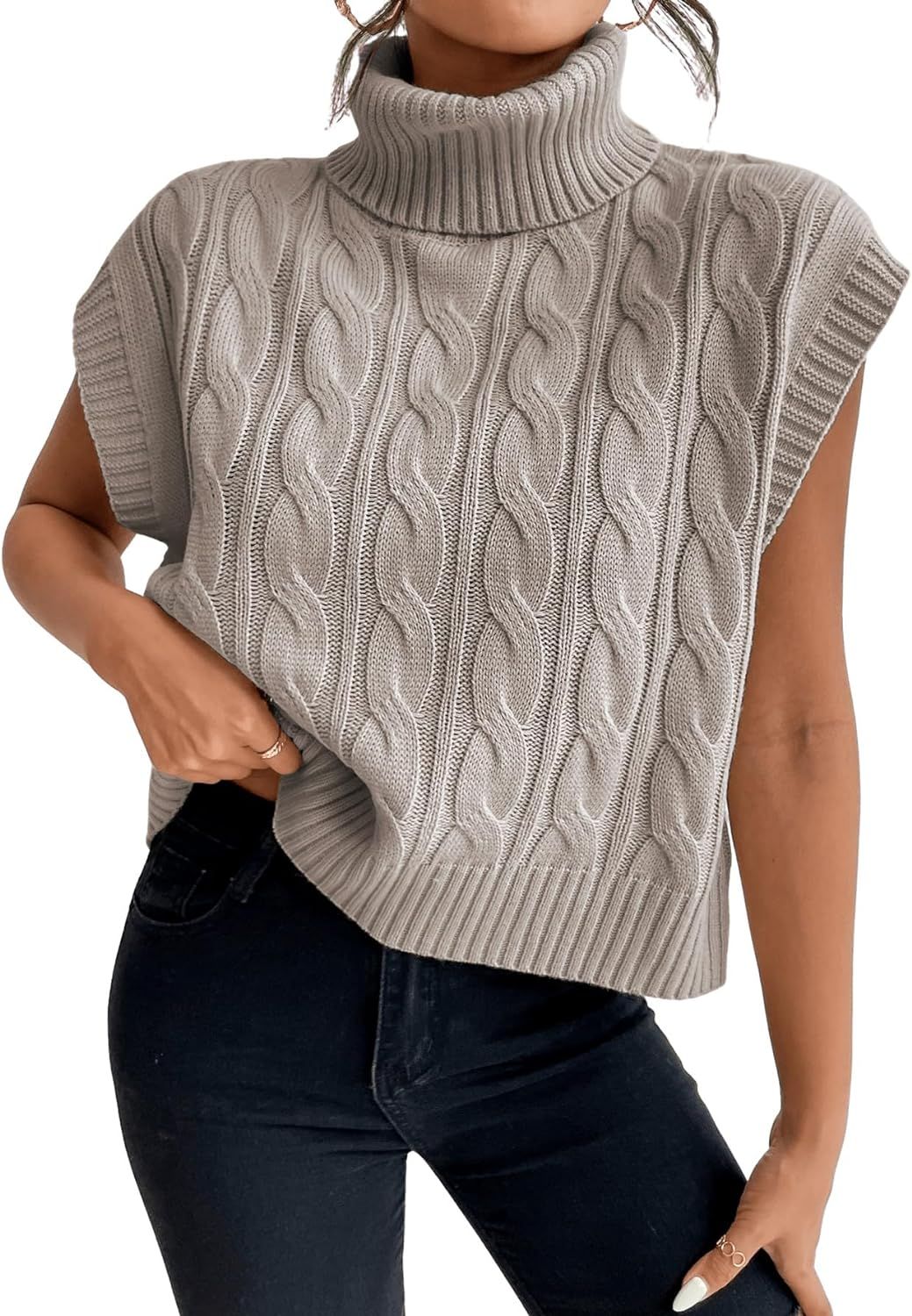 SweatyRocks Women's Casual Sleeveless Turtle Neck Sweater Vest Cable Knitted Solid Crop Tank Top | Amazon (US)