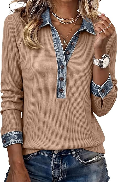 EVALESS Womens Sweatshirt Waffle Knit Denim Patchwork Long Sleeve Tops | Amazon (US)
