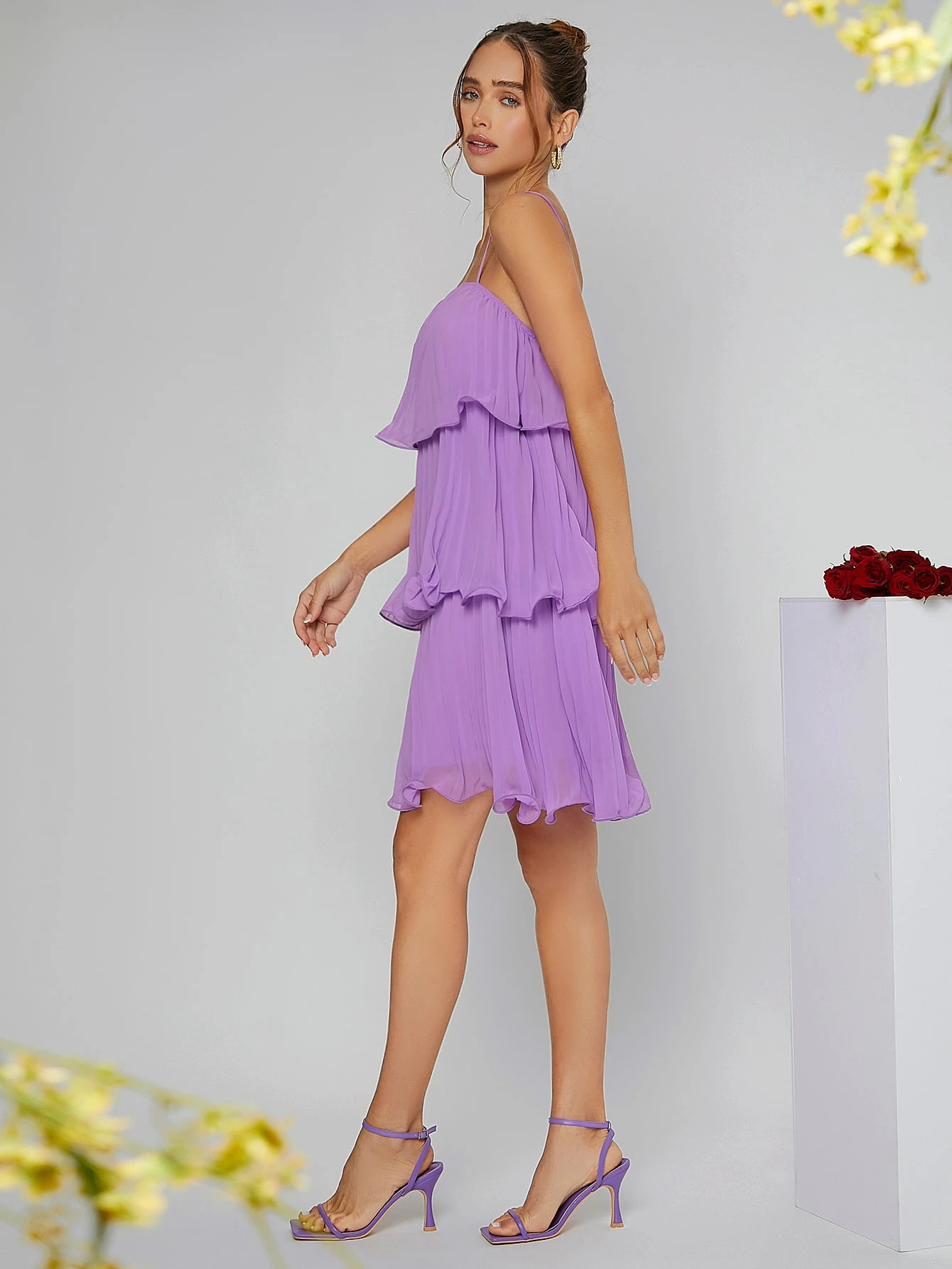 SHEIN Pleated Layered Hem Chiffon Cami Dress | SHEIN