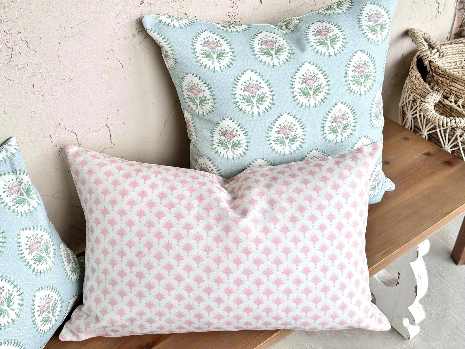 Designer Custom Tiny Palm Pale Pink Blush Floral Block Print Lumbar Bolster Pillow | Etsy (Global)