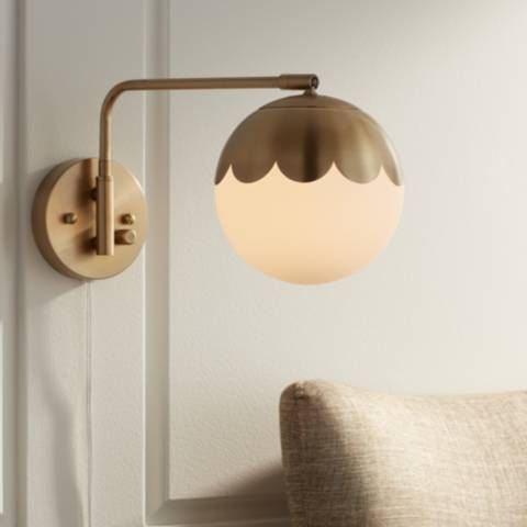 Kelowna Antique Brass Glass Globe Plug-In Swingarm Wall Lamp | LampsPlus.com