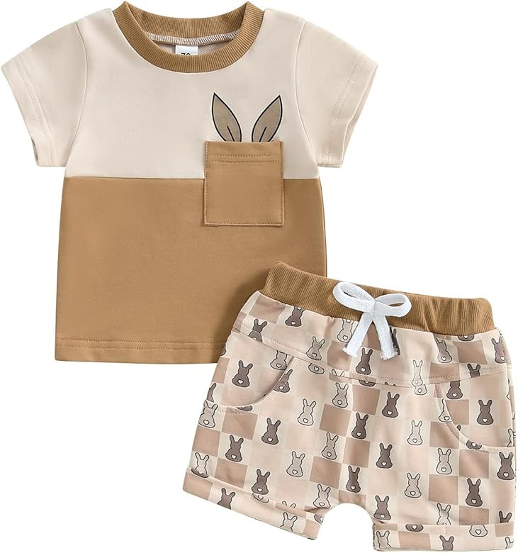 Toddler Baby Boys Summer Outfits Letter Embroidery Round Neck Short Sleeve T-Shirts Elastic Waist... | Amazon (US)