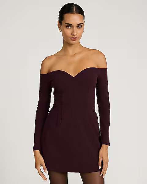 Crepe Off The Shoulder Sweetheart Long Sleeve Mini Dress | Express
