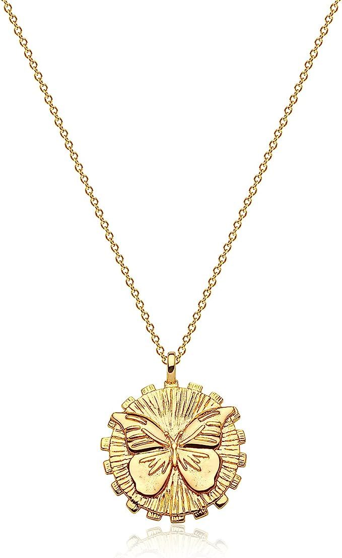 MEVECCO Carved Gold Coin Pendant Necklace for Women Girls Men,18K Gold Plated Dainty Minimalist N... | Amazon (US)