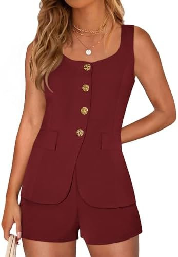 PRETTYGARDEN Womens 2 Piece Matching Sets 2026 Fashion Button Down Suit Vest Tops Shorts Set Spri... | Amazon (US)