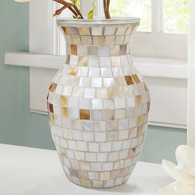 SHMILMH White Glass Vases for Flowers, Unique Handmade Natural Shell Vase, Rustic Mosaic Vases fo... | Amazon (US)