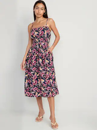 Waist-Defined Floral Linen-Blend Smocked Midi Cami Dress for Women | Old Navy (US)