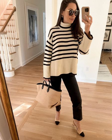 Kat Jamieson of With Love From Kat  wears a neutral fall outfit. Stripe sweater, turtleneck, denim, work bag, black jeans, raffia tote, classic style.

#LTKstyletip #LTKshoecrush #LTKSeasonal