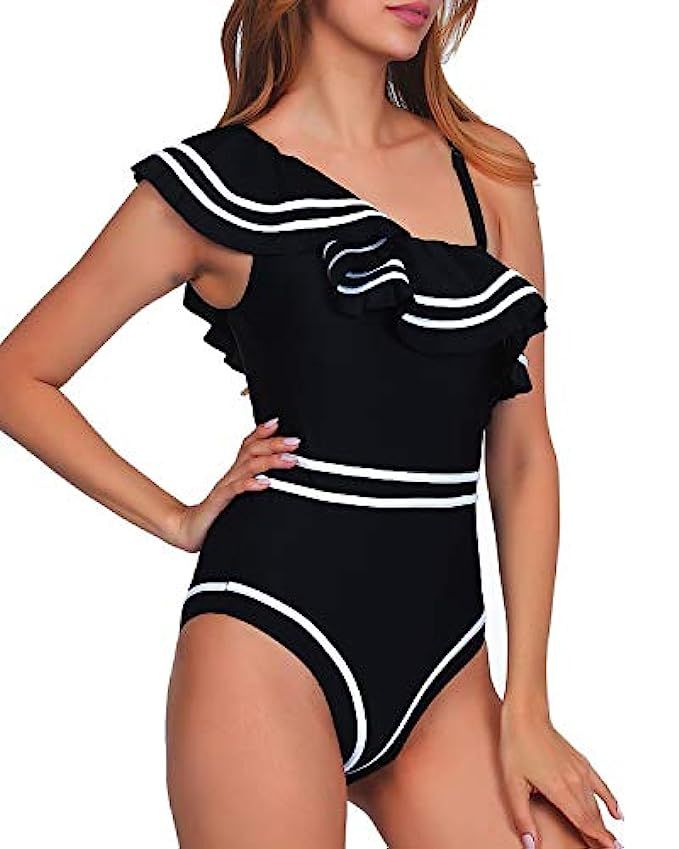 Women One Piece Nave Vintage Swimsuits One Shoulder Ruched Flounce High Waisted Swimwear Nautical Mo | Amazon (US)
