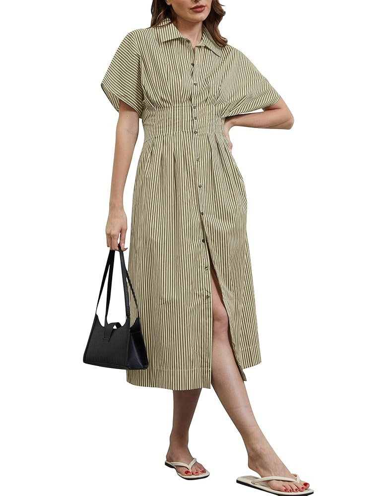 MISSACTIVER Button Front Pleated Shirt Dress for Women Summer Striped Short Sleeve Lapel V Neck C... | Amazon (US)