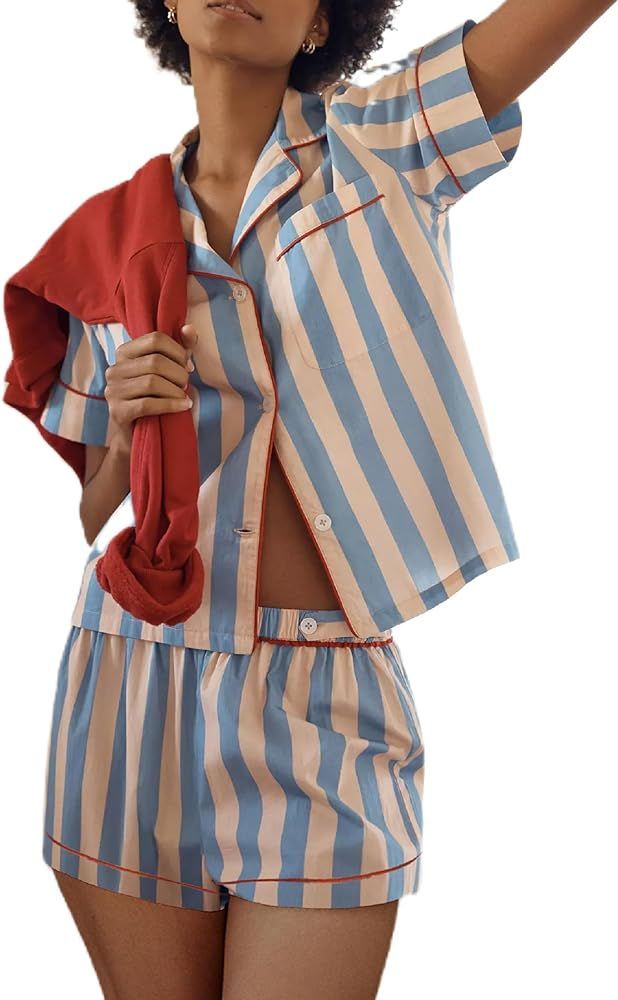 Striped Pajamas for Women 2 Piece Pj Set Short Sleeve Button Down Blouse Lounge Shorts Pajama Set... | Amazon (US)