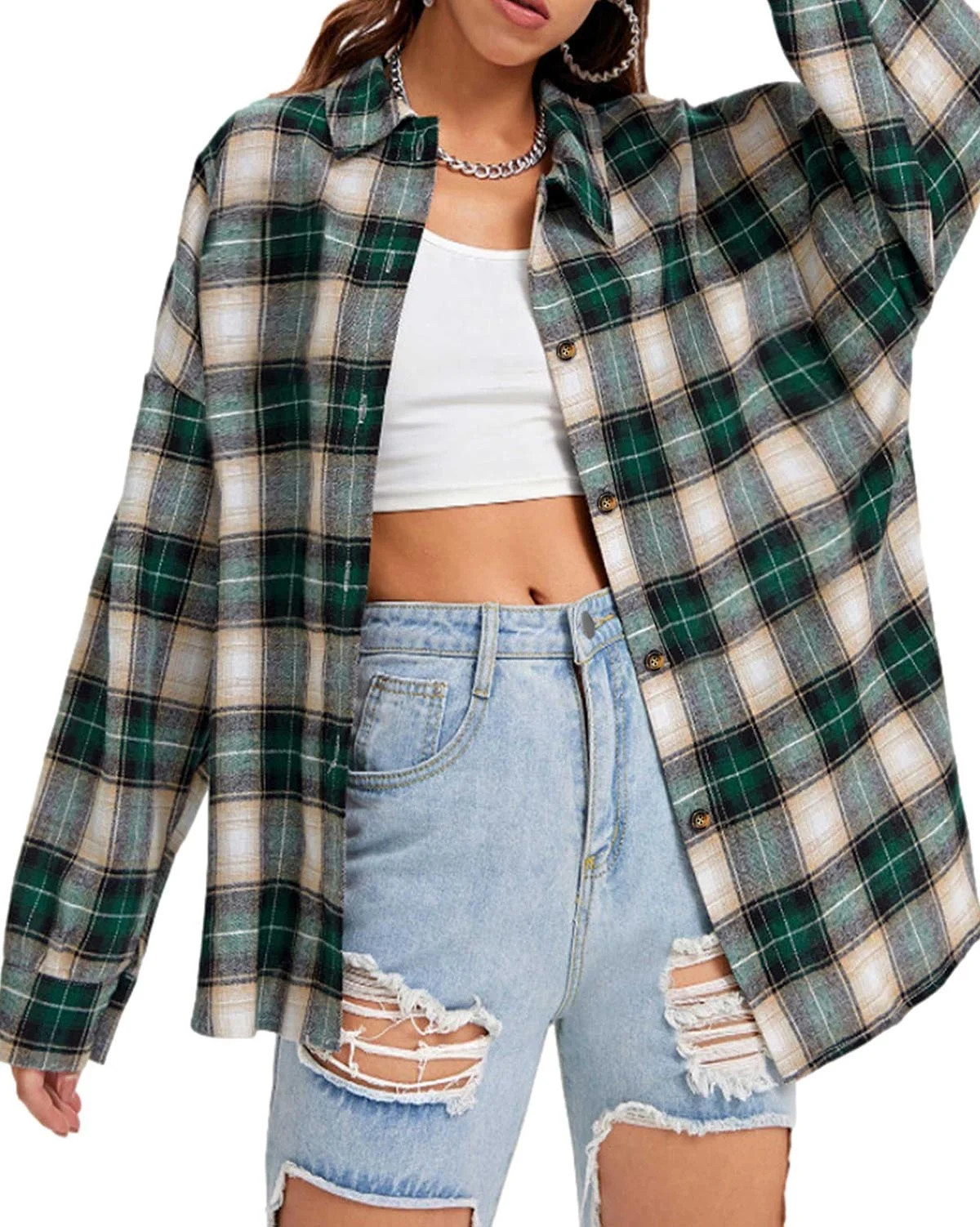 Fantaslook Plaid Flannel Shirts for Women Oversized Long Sleeve Button Down Shirts Blouses Tops | Walmart (US)