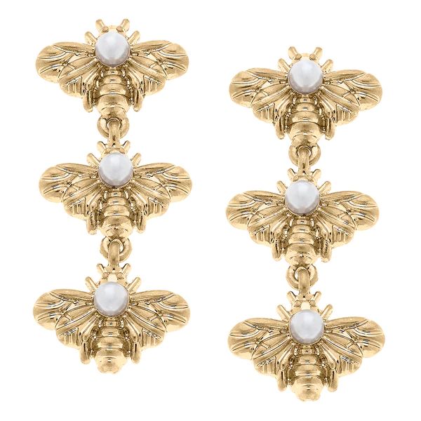 Martine Bee & Pearl Triple Drop Earrings in Worn Gold | CANVAS