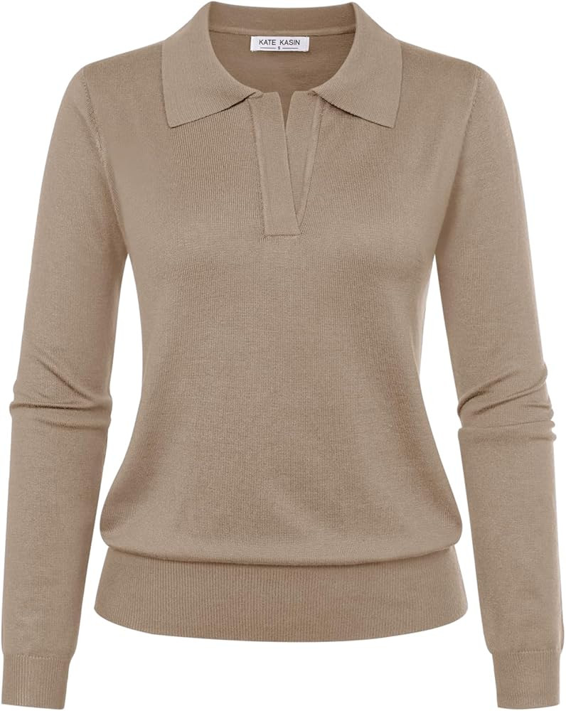 Kate Kasin Women Long Sleeve Polo Sweater V Neck Knitted Tops Casual Ribbed Shirt Loose Pullover ... | Amazon (US)