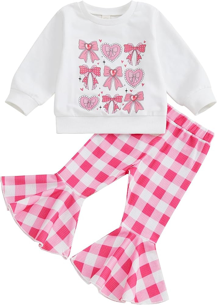 Toddler Girl Valentine's Day Outfits Bow Heart Long Sleeve Sweatshirt Bell Bottom Pants Set Cute ... | Amazon (US)