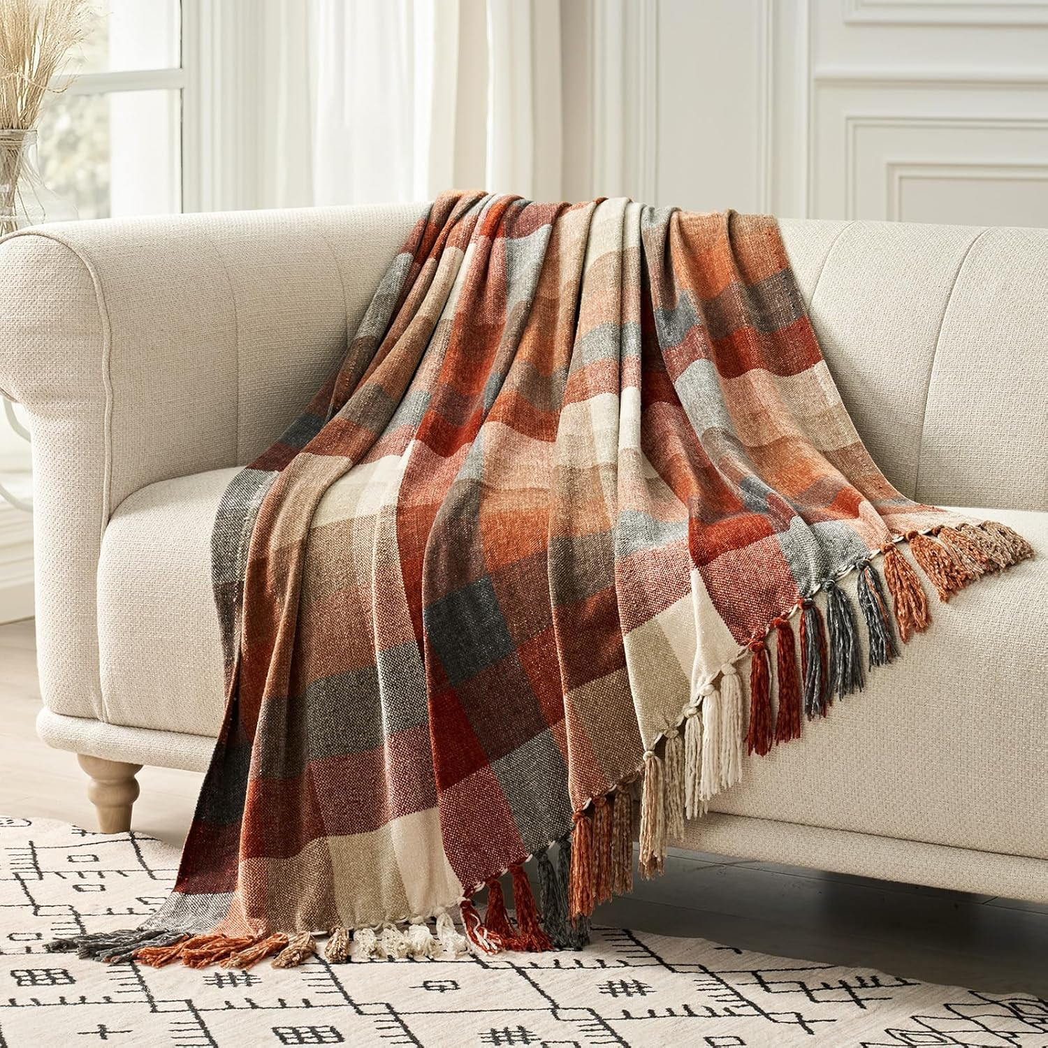 Plaid Chenille Fall Throw Blanket, 50"x60", Harvest Orange Plaid | Super Soft Knit Throw with Tassels, Cozy, Decorative Rustic Farmhouse Decor for Autumn, Ideal for Couch Bed Sofa Gift | Amazon (US)