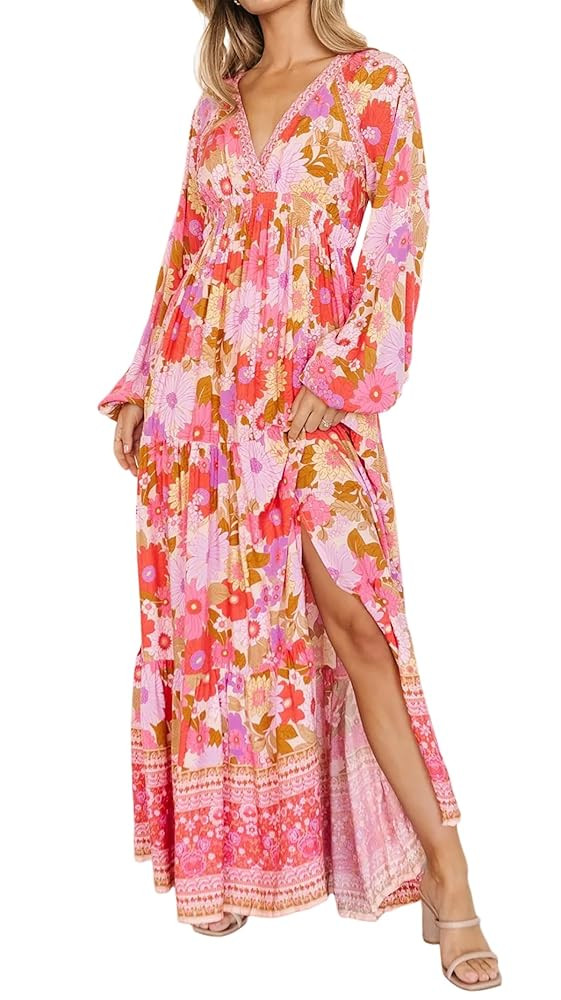 R.Vivimos Women's Boho Floral Print Maxi Dress V Neck Long Sleeve Elastic Waist Casual Flowy Slit... | Amazon (US)