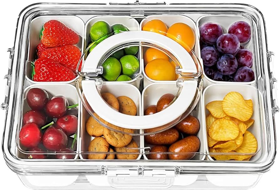 Divided Serving Tray with Lid and Handle - Portable Snackle Box Charcuterie Container, Clear Snac... | Amazon (US)