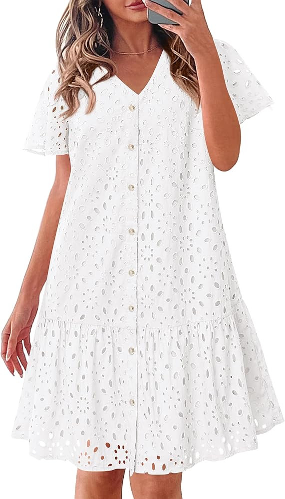 KIRUNDO Summer Dresses for Women 2025 Button Down V Neck Short Sleeve Hollow Out Lace A Line Casu... | Amazon (US)