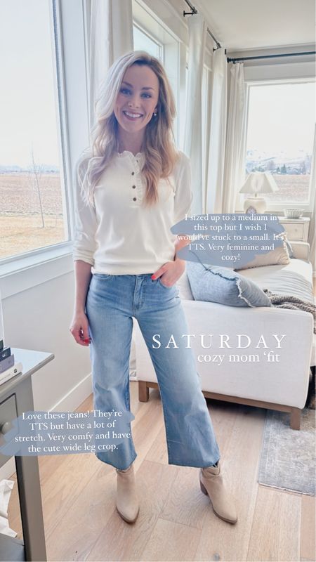 Cozy and feminine Saturday outfit idea. These jeans are SO cozy and flattering! They run true to size but have a lot of stretch. I’m 5’5 120 and ordered a 25 but if I wanted a tighter fit a 24 would’ve been fine because of the stretch. Top is very soft and TTS. I’m wearing a medium but wish I’d ordered a small. They’re on sale today! 

#LTKstyletip #LTKSpringSale #LTKsalealert