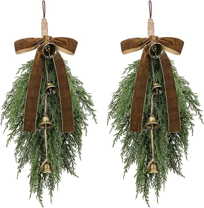 Shihanee 2 Pack Christmas Teardrop Cedar Swag with Khaki Velvet Ribbon Bow and Rustic Vintage Bel... | Amazon (US)