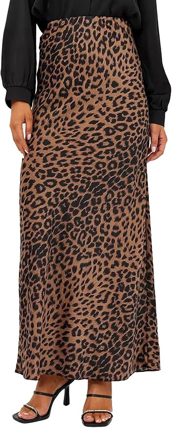 Islis Women's Slik Satin Leopard High Waist Wrap Elastic Waisted Maxi Long Skirt | Amazon (US)