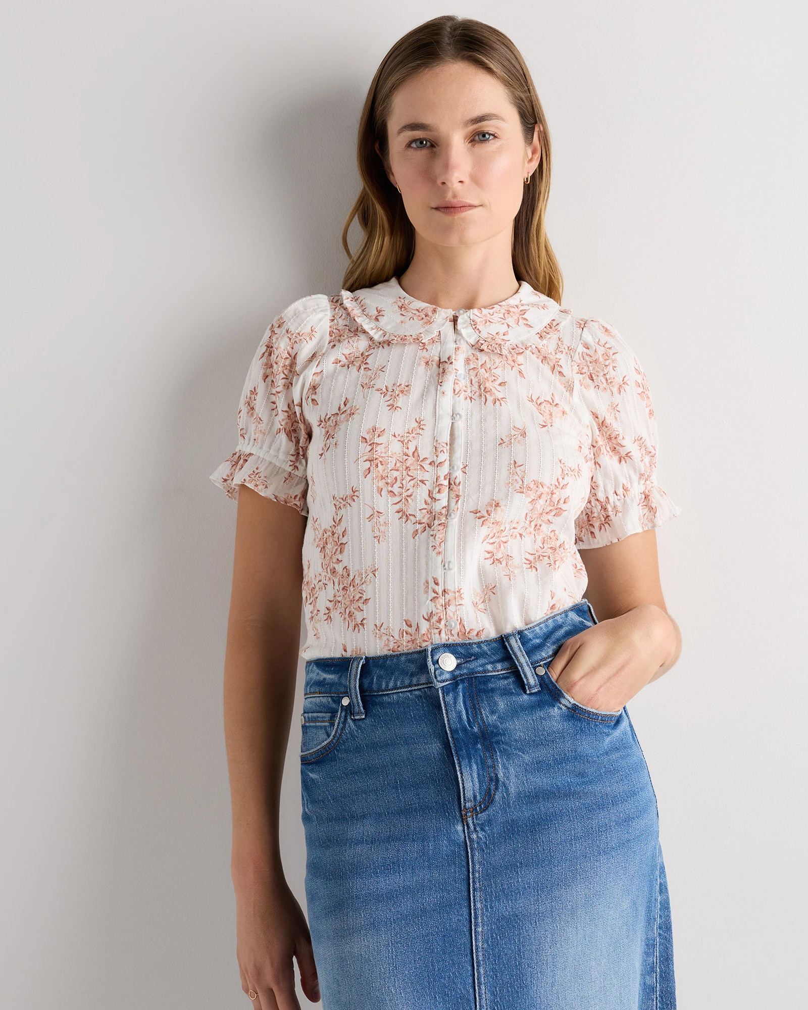 Embroidered Cotton Ruffle Collar Long Sleeve Blouse | Quince