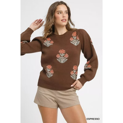 Umgee Floral Knit Sweater with Puff Sleeves Brown S | Target