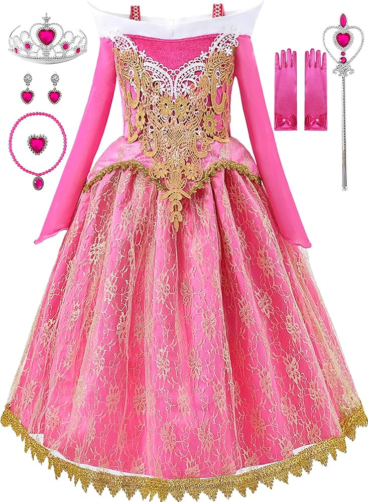 Girls Princess Costume Dresses Pink Princess Dress Up Clothes with Accessories for Halloween Cosp... | Amazon (US)