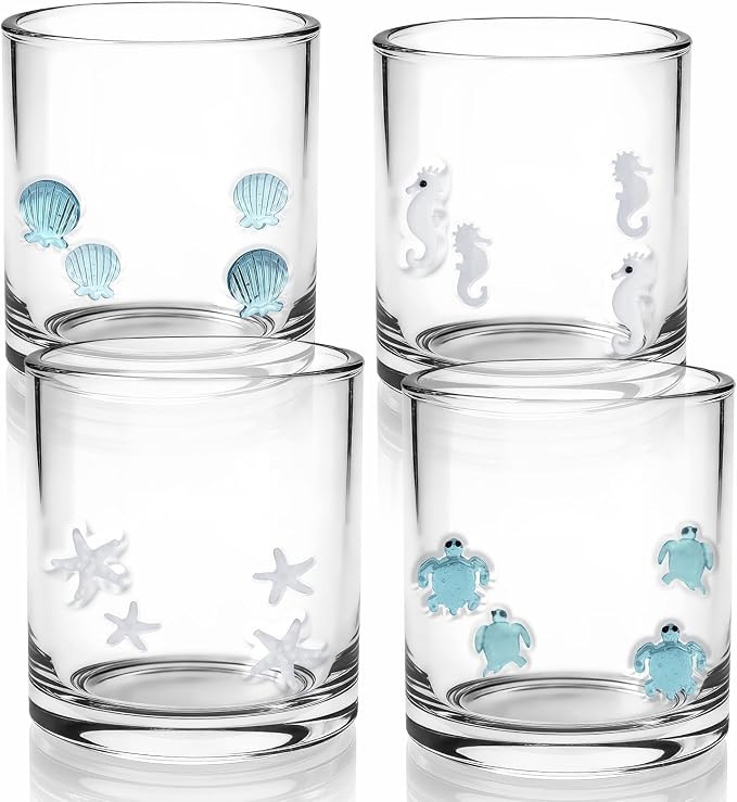4 Pcs Summer Ocean Icon Glasses Set, 14oz Aesthetic Shell Starfish Seahorse Turtle Glass Cup Icon... | Amazon (US)