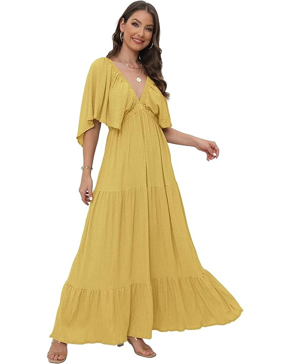 Women's Summer V-Neck, Tiered Silhouette with Flutter Sleeves Maxi Dress for Casual | Amazon (US)