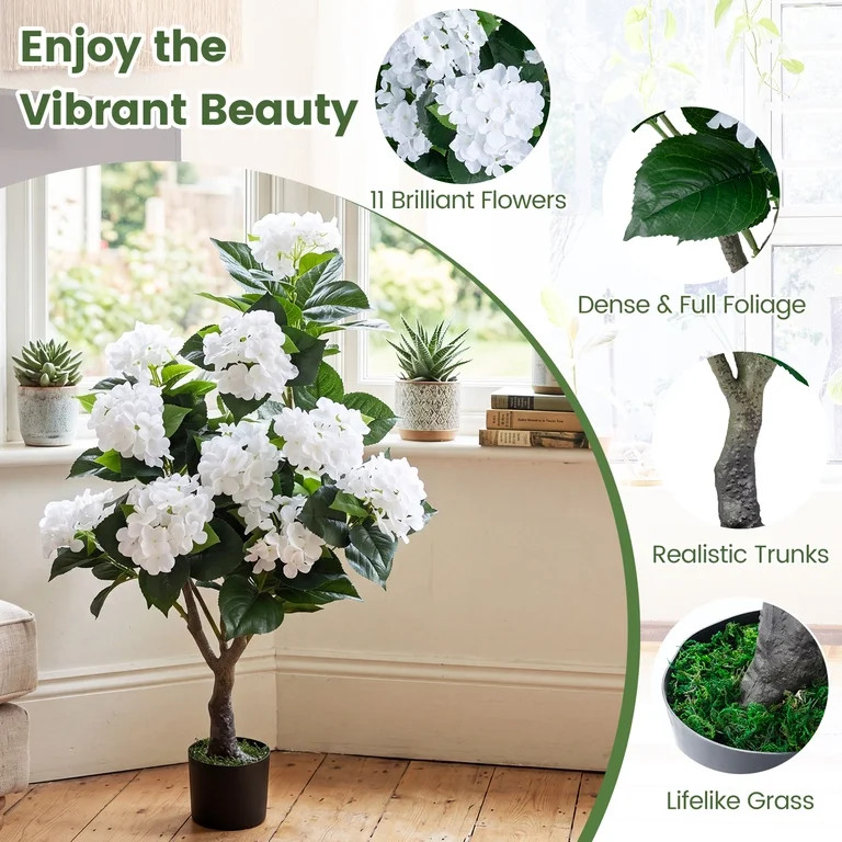 Gymax 2-Pack Artificial Hydrangea Tree 43.5'' Faux Flower Plants w/ 11 Blooms & Realistic Trunk i... | Walmart (US)