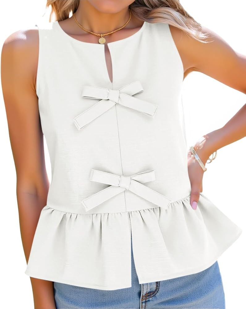 Tankaneo Womens Peplum Tank Tops Summer Sleeveless Cotton Linen Babydoll Blouses Loose Bow Knot F... | Amazon (US)