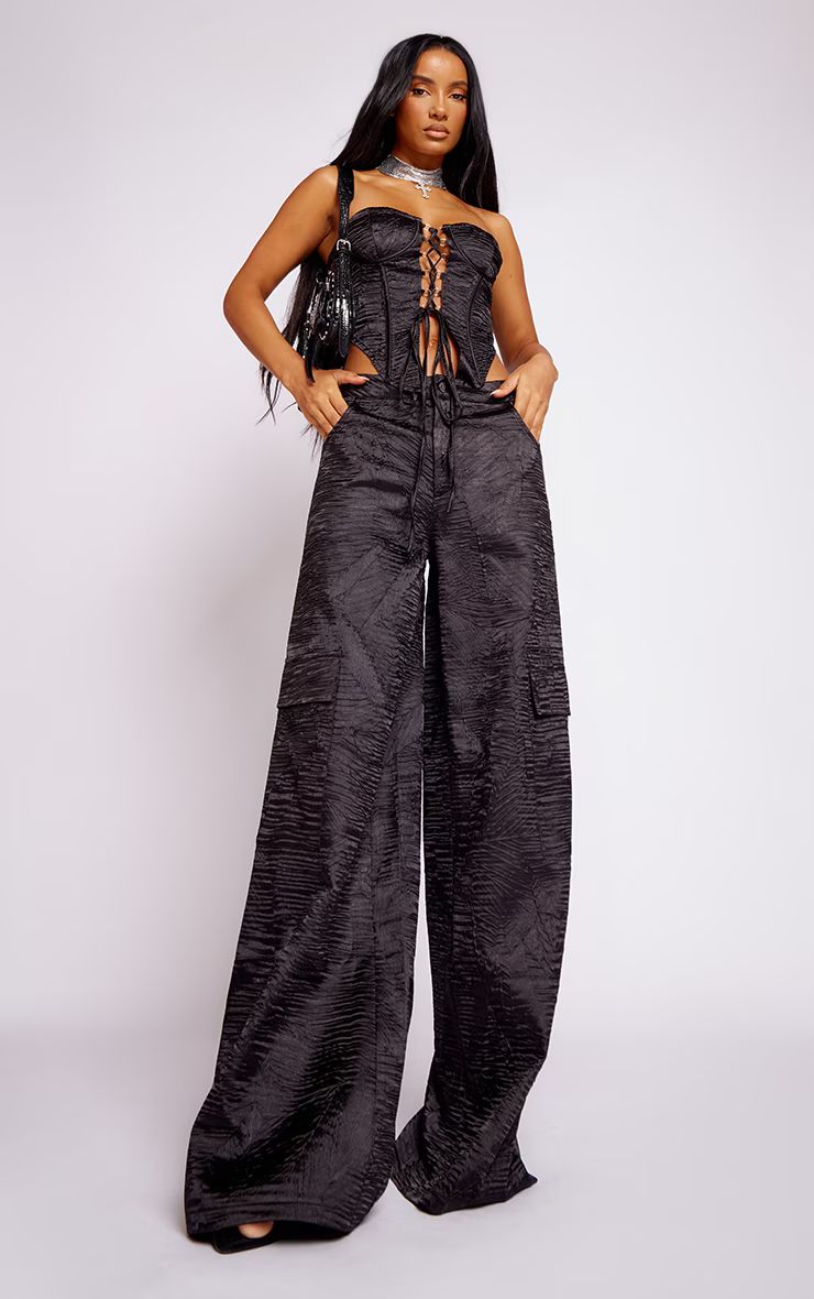 Black Textured Jacquard Wide Leg Pants | PrettyLittleThing US
