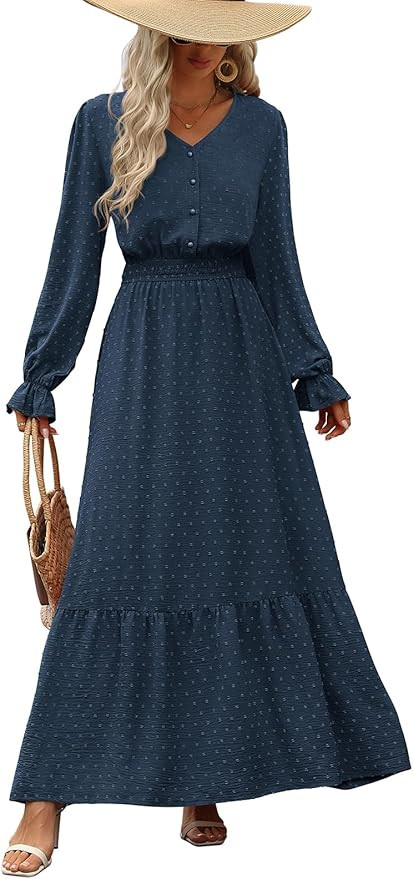 PRETTYGARDEN Women's 2025 Maxi Dress Long Sleeve V Neck Flowy Swiss Dot High Waist Casual A Line ... | Amazon (US)
