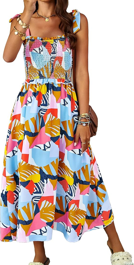 PRETTYGARDEN Women Summer Dresses 2023 Tie Strap Square Neck Smocked Ruffle Flowy Floral Print Bo... | Amazon (US)