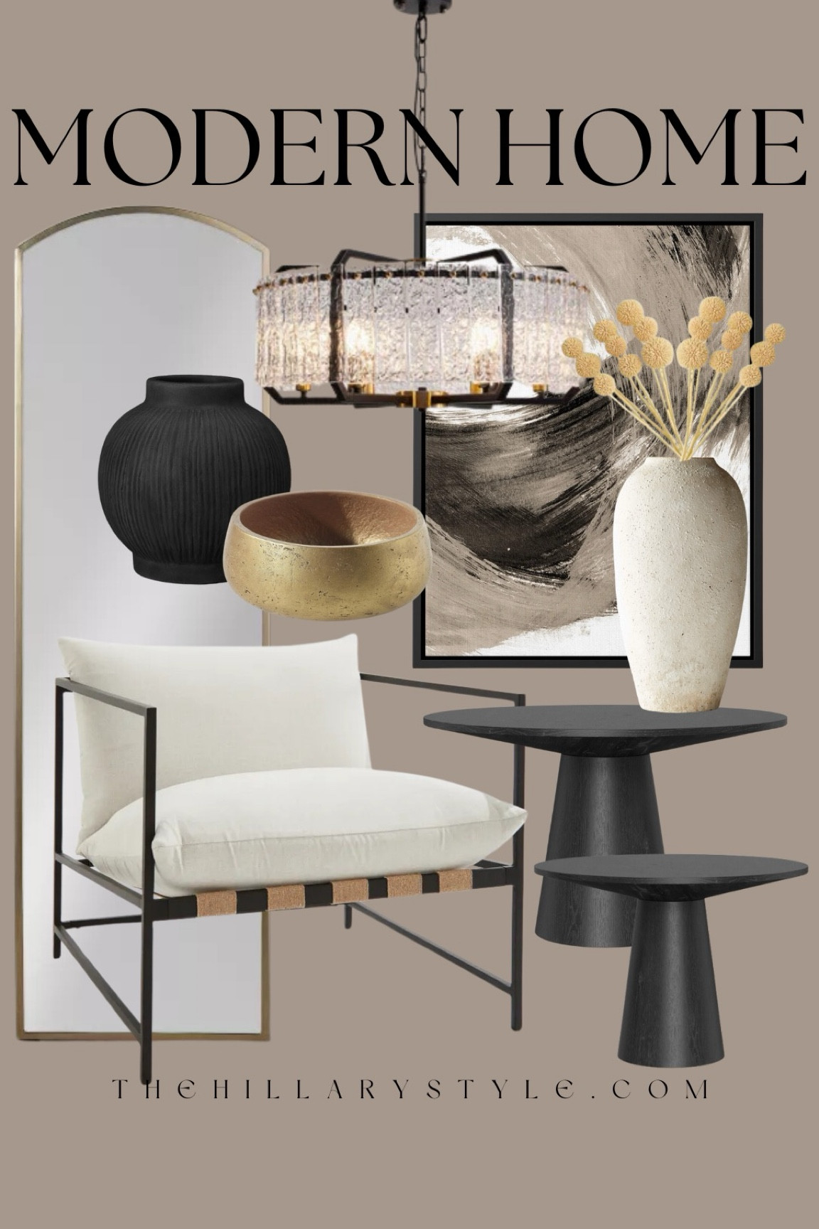 Modern Home: Neutral home decor and furniture finds for the modern organic home. White and black accent chair, nesting coffee tables, floor mirror, framed abstract art, black vase, gold bowl, ceramic vase, faux stems, glass chandelier. Target, H&M, World Market, Etsy, cb2, Wayfair.

#LTKSeasonal #LTKHome #LTKStyleTip
