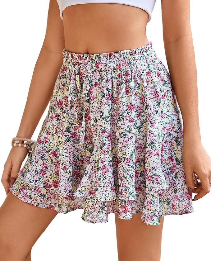 SimpleFun Womens Skorts Floral Ruffled Chiffon Flowy Shorts Summer Flared Mini Skirts | Amazon (US)