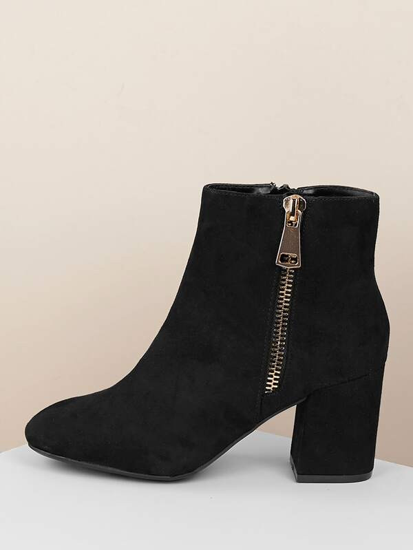 Almond Toe Zipper Detail Chunky Heel Booties | SHEIN