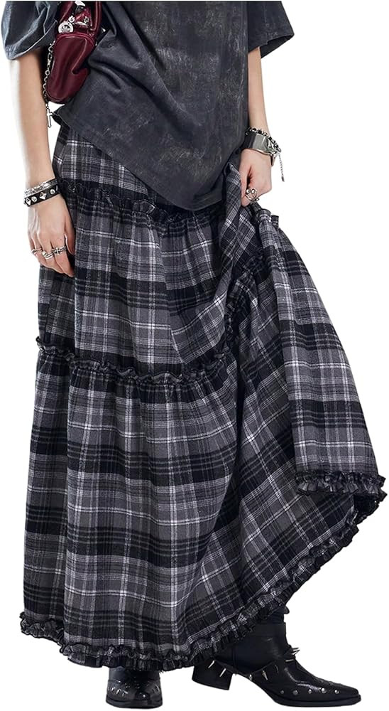 Verdusa Women's Grunge Gingham Plaid Tiered Maxi Skirt Vintage Ruffle A Line Long Skirts | Amazon (US)
