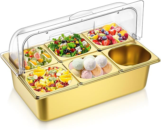 Countertop Food Serving Display Container Clear Roll Top Cover 6 Pan Stainless Steel Ice Food Buf... | Amazon (US)