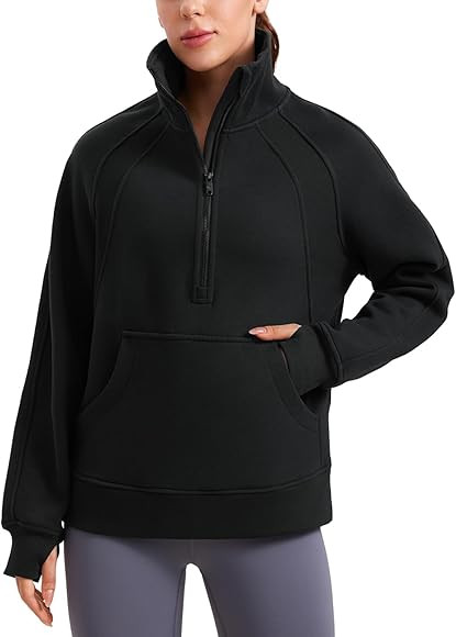 CRZ YOGA Womens Fleece Lined Sweatshirts Half Zip Funnel Neck Pullover Long Sleeve Hip Oversized Hoodies with Thumb Holes | Amazon (US)